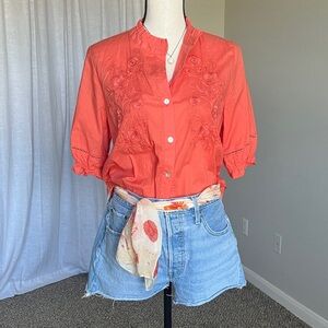 Coral Embroidered Blouse Cottagecore Preppy Boho Button Down Top Size L